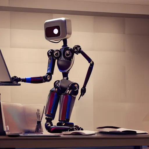 Prompt: a female metalic robot painting a picture of a website designer sat at a computer desk, 4k, unreal 5