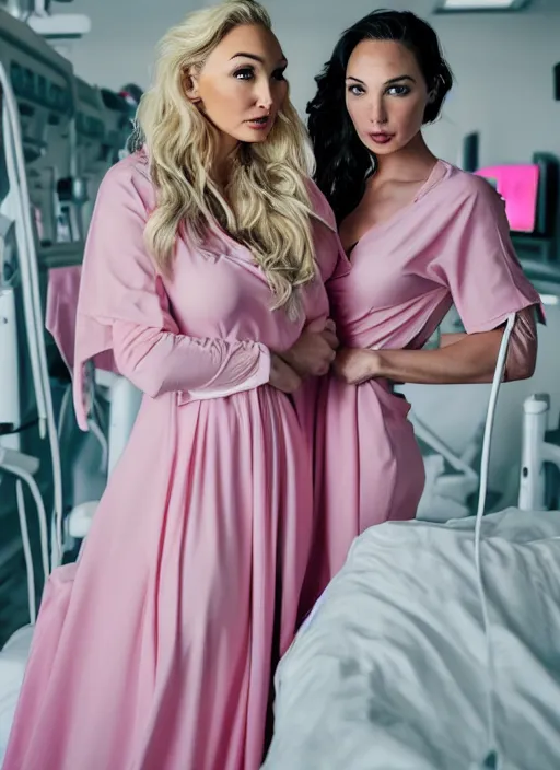 Prompt: portrait of lindsey pelas and gal gadot wearing pink nurse gown in a hospital, by charlotte grimm, natural light, detailed face, beautiful features, symmetrical, canon eos c 3 0 0, ƒ 1. 8, 3 5 mm, 8 k, medium - format print,