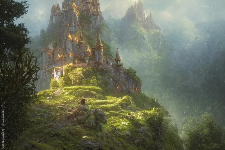 Prompt: single small fantasy castle, highly detailed, on lush green hills with a forest in the background, illustrated by Greg Rutkowski and Gaston Bussiere, 35mm lens, beautiful macro close-up imagery, lush lighting, beautiful volumetric-lighting-style atmosphere