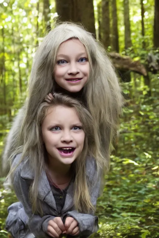 Prompt: young seven year old, blond hair green eyes ; girl, rinding a gray wolf, in a dark forest, pixar