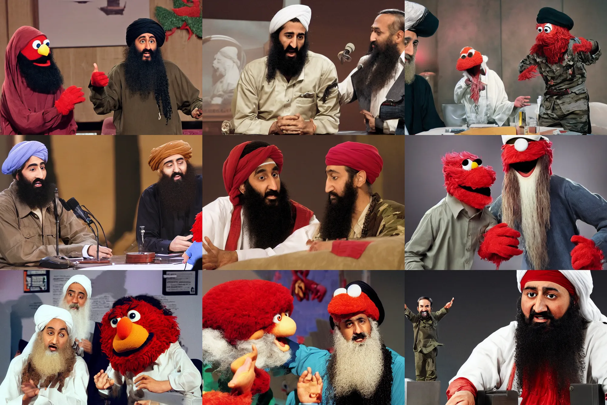 Prompt: osama bin laden debating elmo