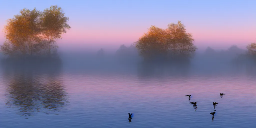 Prompt: geese swimming in a calm lake at sunrise matte painting, foggy, 4 k, trending on artstation