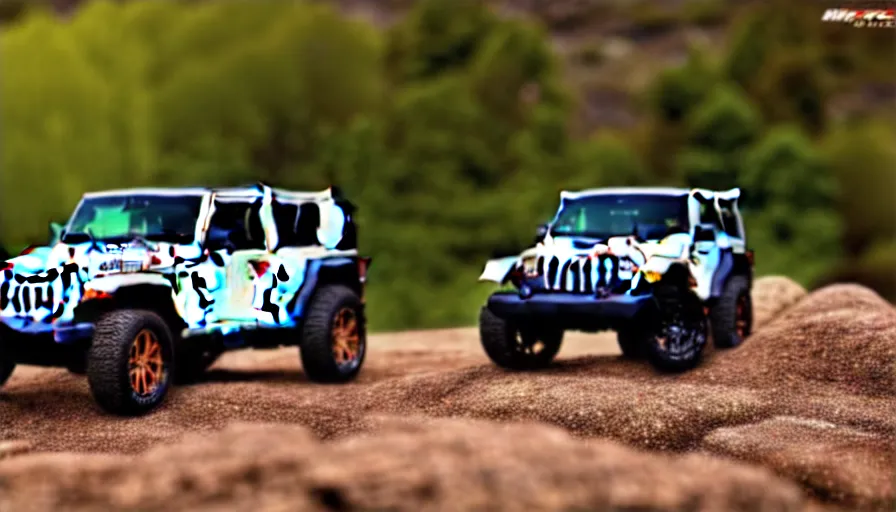 Image similar to Hot Wheels, Jeep Wrangler JKU, cinematic, Maxxis, 8k, depth of field, bokeh.