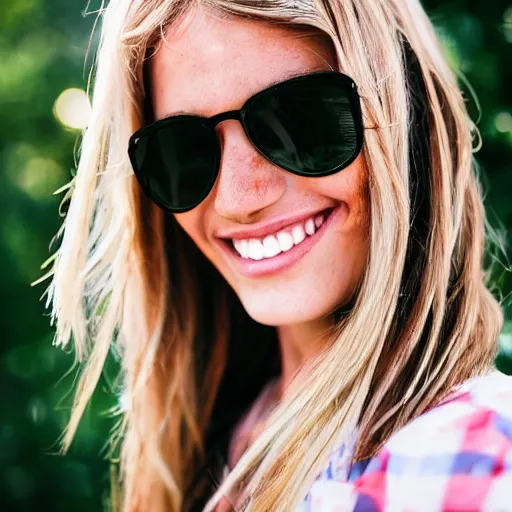 Image similar to a trending photo of over a million views from a female fashion model's instagram account, summer, freckles, smile, green eyes, natural, easygoing, healthy, nikon, leica, zeiss, 5 0 mm lens, flash fill, f 1. 8 depth of field