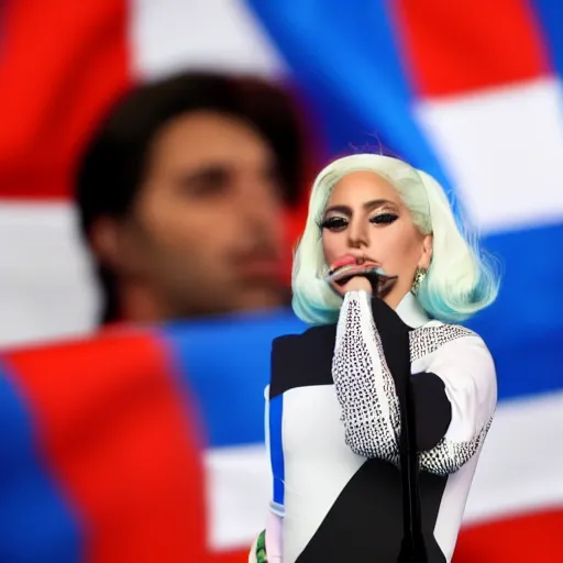 Image similar to Lady Gaga as president, Argentina presidential rally, Argentine flags behind, bokeh, giving a speech, detailed face, Argentina