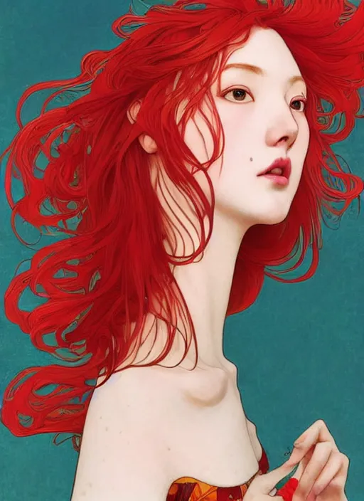 Image similar to colourful upper half portrait of a beautiful red - hair girl - art by tenmyouya hisashi, hsiao - ron cheng & alphonse mucha, highly detailed, digital painting, illustration, smooth, sharp focus, intricate, symmetry, pinterest, behance, artstation