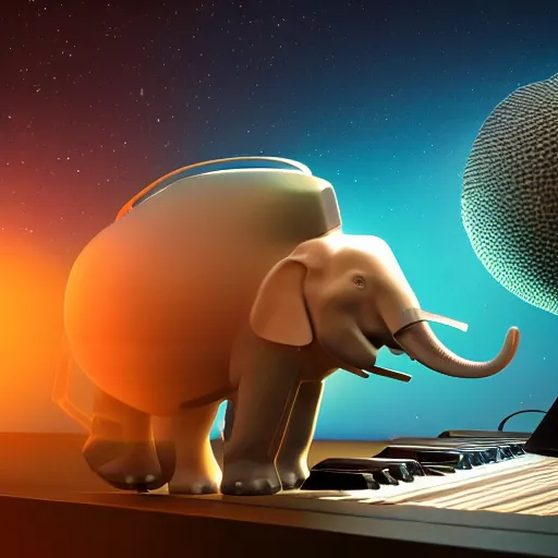 Image similar to a hyperrealistic 3D octane render of an elephant wearing virtual reality goggles, and playing a synthesizer keyboard, inside of a geodesic dome planetarium with planets and galaxies, trending on artstation, 8k, 4K, dramatic lighting, glowing, volumetric lighting, ray tracing, unreal engine