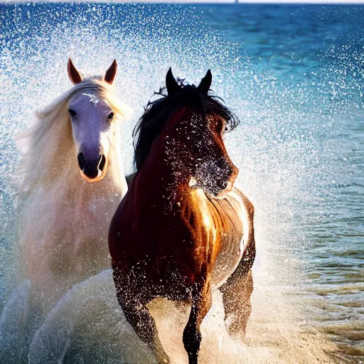 Image similar to close up of horses running through the waves on a beach with water splashing up, cinematographic shot, cartoon