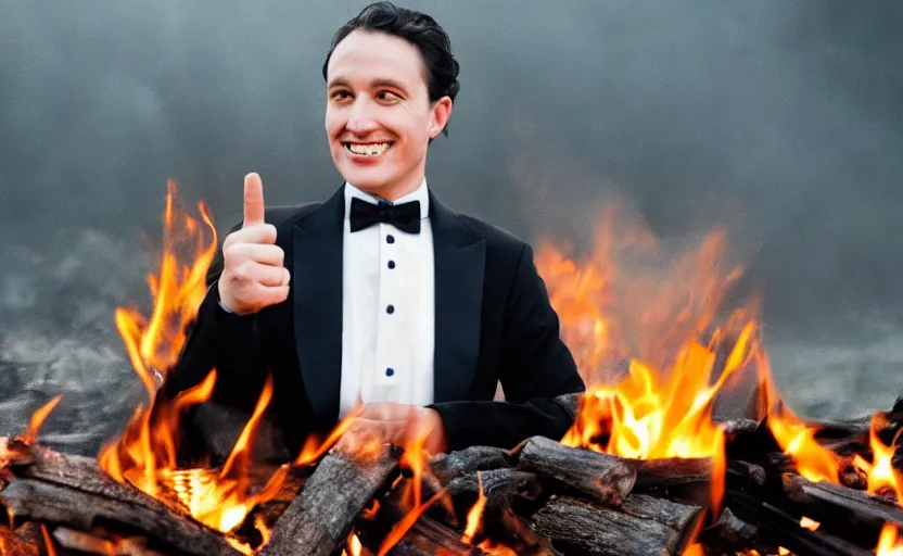 Image similar to a man wearing a tuxedo sitting in the middle of a bonfire