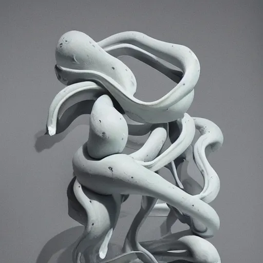 Prompt: A series of sculptures, Chaotic equation of the squid human psychic boundary a mathematical sculpture exhibit, made from melted plastic and fibre glass ice cream. Lit from above, on sale at auction in Kigali. 35mm film, hyper detail, hyperrealist, polished perfection