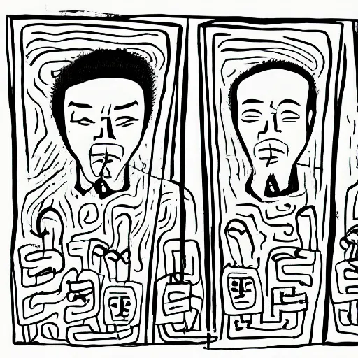 Image similar to chinese men in a prison, organ harvesting, in the style of daniel johnston and outsider art, 4k, minimal, line brush