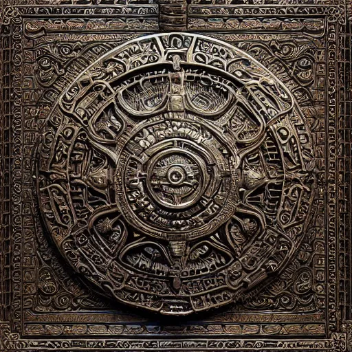 Image similar to an ancient ornate intricate old tome spell book with the sigil symbol of an eye emblazoned on the cover, cinematic, realistic, intricate detail, finely detailed, small details, extra detail, photorealistic, high resolution, 3D, PBR, path tracing, volumetric lighting, octane render, arnold render, 8k