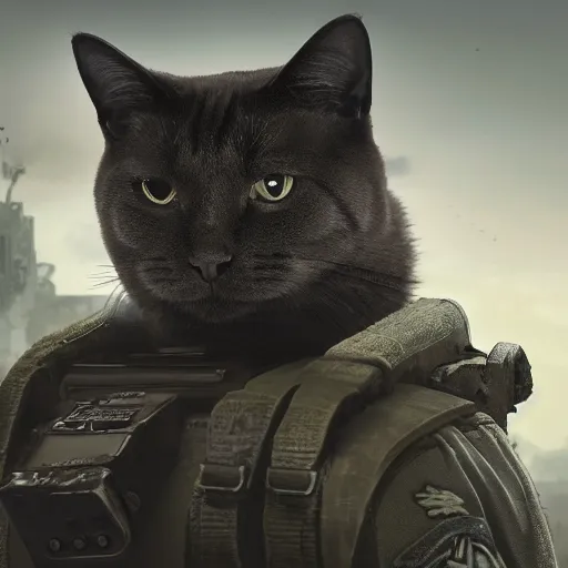 Prompt: a cat wearing a general\'s hat, it has an arrogant look in it\'s eyes and looks down at you, a war torn city in the background, epic full shot, cinematic lighting, matte painting, Artstationhd, 8k, , award winning on Artstation, hyper detailed, hyper realistic
