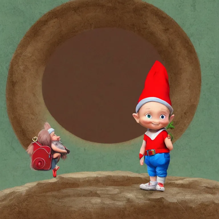 Image similar to gnome wearing backpack, standing in front of a circular portal, open to a red world. Detailed digital matte painting in the style of Dr. Suess
