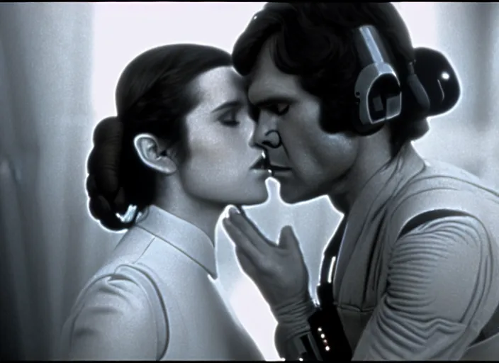 Image similar to screenshot of Han Solo kissing Princess Leia Organa, alone, pensive, iconic scene from 1970s Star Wars film directed by Stanley Kubrick, in a sci fi nursing home architecture, last jedi, 4k HD, cinematic still frame, photoreal, beautiful portraits, moody lighting, stunning cinematography, anamorphic lenses, kodak color film stock