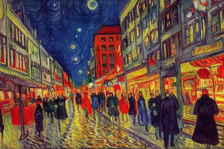 Prompt: dream festival in a city, low angle view from a city street lined with shops and apartments, glowing street signs, revelers playing games and shopping at a night market, oil painting by edvard munch, van gogh