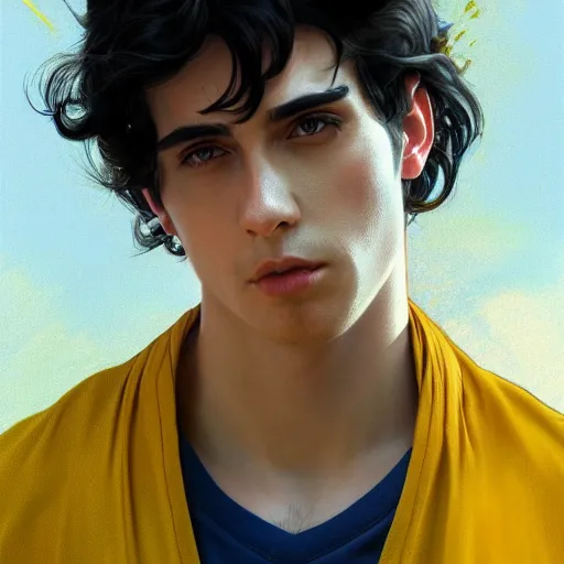 Image similar to ultra realistic illustration, a young man with black hair, in a yellow t - shirt, with blue eyes, highly detailed, digital painting, artstation, concept art, smooth, sharp focus, illustration, art by artgerm and greg rutkowski and alphonse mucha