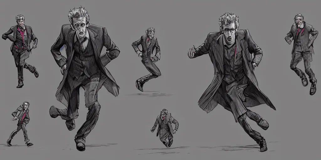 Image similar to cartoonish peter capaldi running away, character sheet, fine details, concept design, contrast, kim jung gi, greg rutkowski, trending on artstation, 8 k, full body, turnaround, front view, back view, ultra wide angle