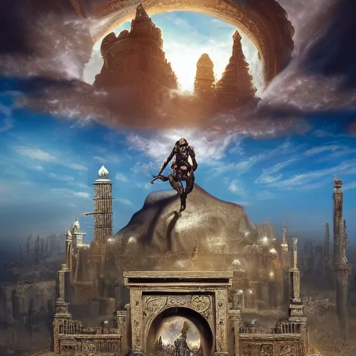 Image similar to epic view of an ancient Desert surrounded by clouds, Portrait of a Giant imposing biomechanical Genie covered in jewels, ornate, Beautiful biomechanical Genie, full of strange statues and murals, full of smoke and dust, hyper real, Indiana Jones, Tomb Raider, trending on artstation, concept art, cinematic, jewels, by Greg Rutkowski