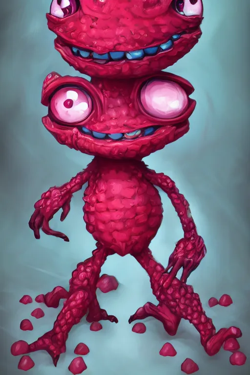 Prompt: a humanoid figure raspberry monster, large eyes and smug smile, highly detailed, digital art, sharp focus, trending on art station, anime art style