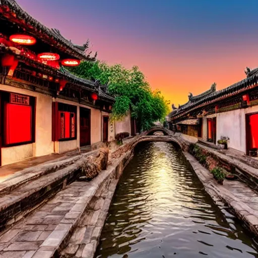 Prompt: peaceful ancient water town in the south of china, zhouzhuang ancient town, sunset glow, movie style, warm color to move