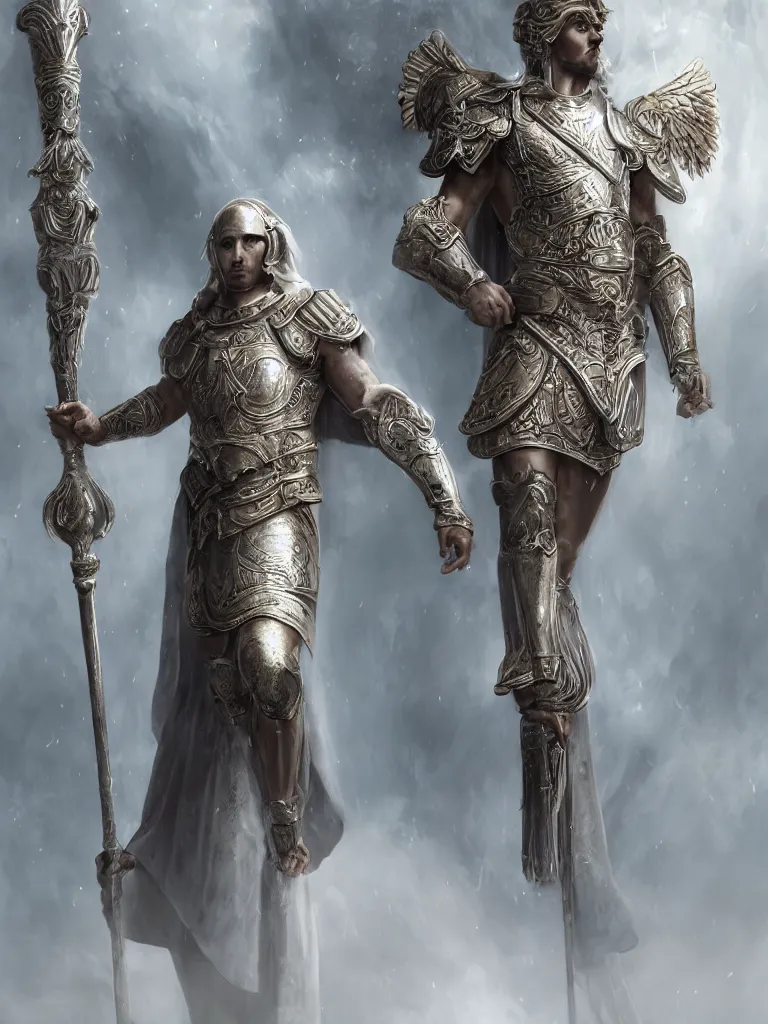 Image similar to a full body standing male divine and rogynous gorgeous, with a white gold angelic armor, vertical portrait, symmetrical face, symmetrical, dark epic, roman toga, cinematic lighting, heaven background, concept art, highly detailed, photorealistic, 4 k, mist, octane render, unreal engine, hyper detailed, volumetric lighting.