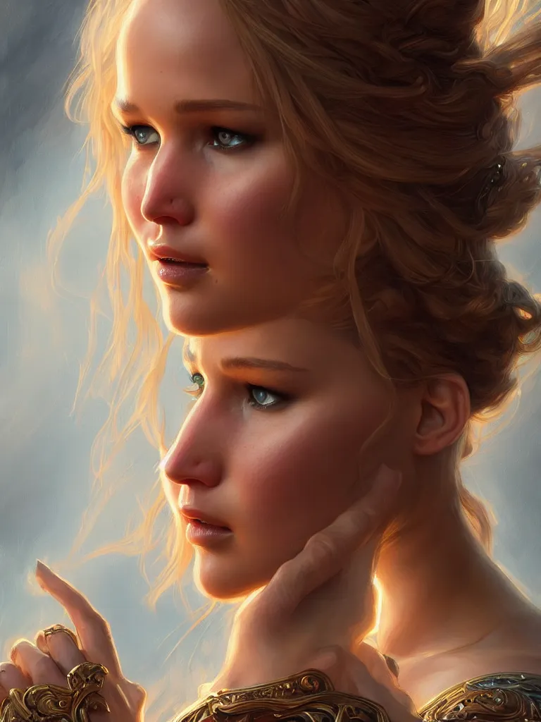 Prompt: Jennifer Lawrence, closeup, D&D, fantasy, intricate, elegant, highly detailed, digital painting, artstation, concept art, matte, sharp focus, illustration, hearthstone, art by Artgerm and Greg Rutkowski and Alphonse Mucha