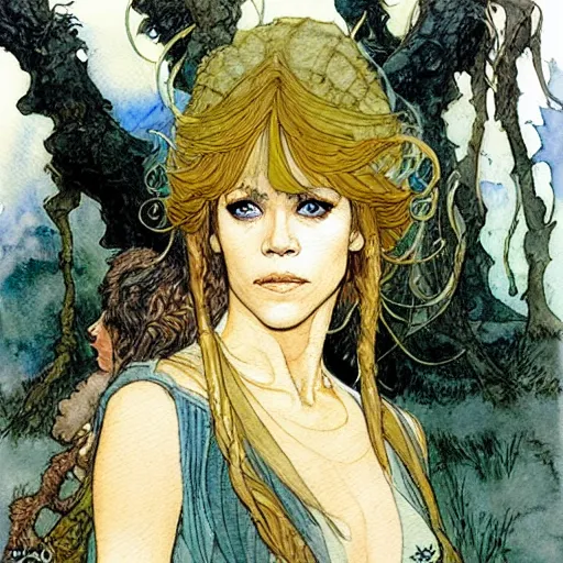 Image similar to a realistic and atmospheric watercolour fantasy character concept art portrait of a young jane fonda as a druidic warrior wizard looking at the camera with an intelligent gaze by rebecca guay, michael kaluta, charles vess and jean moebius giraud