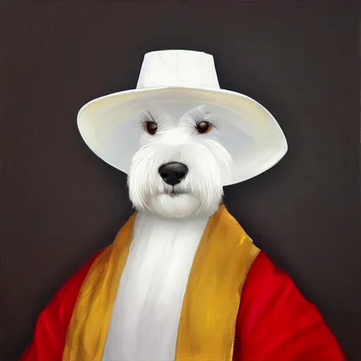 Prompt: “an oil painting portrait of a white Schnauzer dog wearing painters robe with Easel and a Beret cap an on a dark nebula background” digital Art, concept Art, highly detailed, 3-D 4K, trending on art station, Award winning, Mark Brooks,