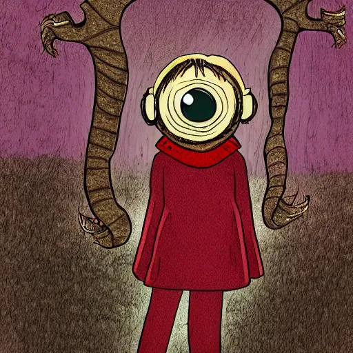 Prompt: child hiding from a monster, digital art, inspired by junji ito