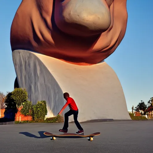 Image similar to man skateboarding on a giant nose, photography,