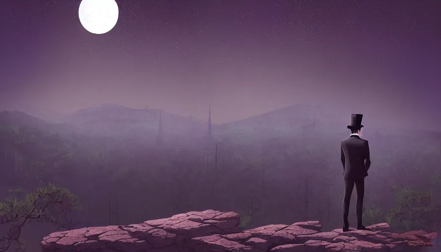 Image similar to ilya kuvshinov illustration of a gentleman in a suit and top hat watching the moon shine over the overgrown valley with ancient ruins reclaimed by nature, hazy and misty, magical feeling, night, stars uhd, high detail, by ilya kuvshinov