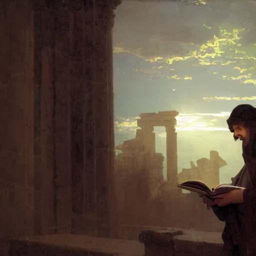 Image similar to half portait of magican wearing a closed cowl and reading big old book! jeremy mann, jean leon gerome, tiepolo, alphonse mucha, greg rutkowski, face in the shadows, ( ( ruins of ancient rome ) ), at dusk, mysterious atmosphere, sunrays, dof, masterpiece, high detailed, 8 k