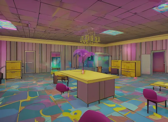 Prompt: steven universe inspired stanley parable office backrooms, creepy but colorful render, intricate detail, castle oblivion, normal workplace office, pastel 8 0 s, uhd