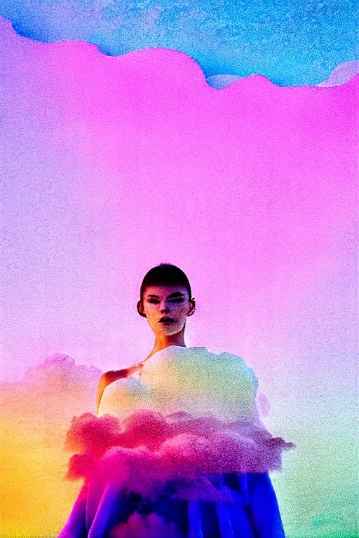 Image similar to high quality pastel coloured film close up wide angle photograph of a model wearing clothing resting on cloud furniture in a icelandic black rock!! environment in a partially haze filled dreamstate world. three point light, rainbow. photographic production. art directed. pastel colours. volumetric clouds. pastel gradient overlay. waves glitch artefacts. extreme facial clarity. 8 k. filmic.