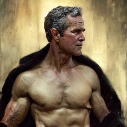 Image similar to detailed realistic cinematic wide shot of beautiful attractive muscular george bush wearing black gold robe slim face symettrical face clean skin black eyes black robe smooth, sharp focus, ultra realistic, spring light, painting by gaston bussiere, craig mullins, j. c. leyendecker