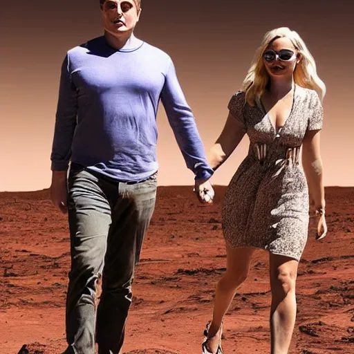 Image similar to elon musk and margot robbie holding hands on mars, highly detailed, hyper realistic