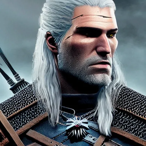 Image similar to geralt the witcher 3 with demon horns, photorealistic, realistic