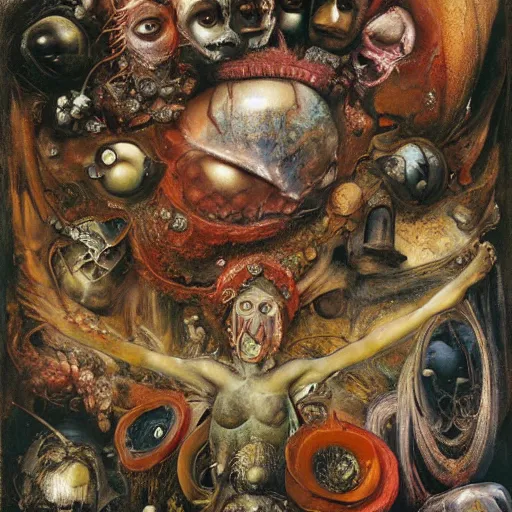 Image similar to an oil painting by arcimboldo, by georgia o keeffe, by botticelli, by giger, by frank frazetta, by gustave moreau, by beksinski, seen through a kaleidoscope, broke mirror, contemporary, brutal, vanity, broken, nerve system, medical, jewels, nebula, space, tonalism, merged, akira