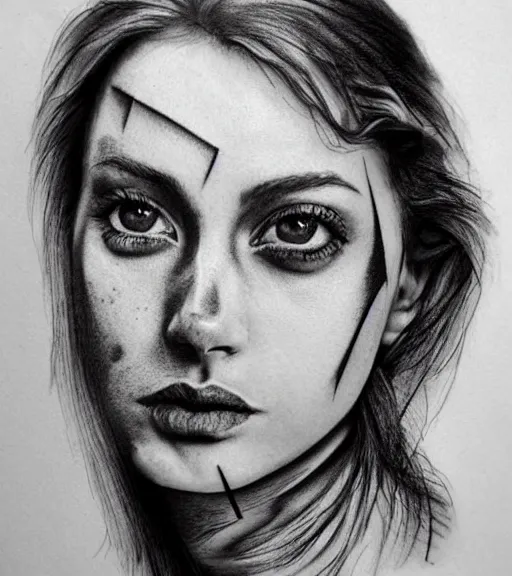 Image similar to fade of a hyper realistic mountain scenery with a beautiful woman face, tattoo design sketch, in the style of matteo pasqualin, hyper - realistic, amazing detail, black and white