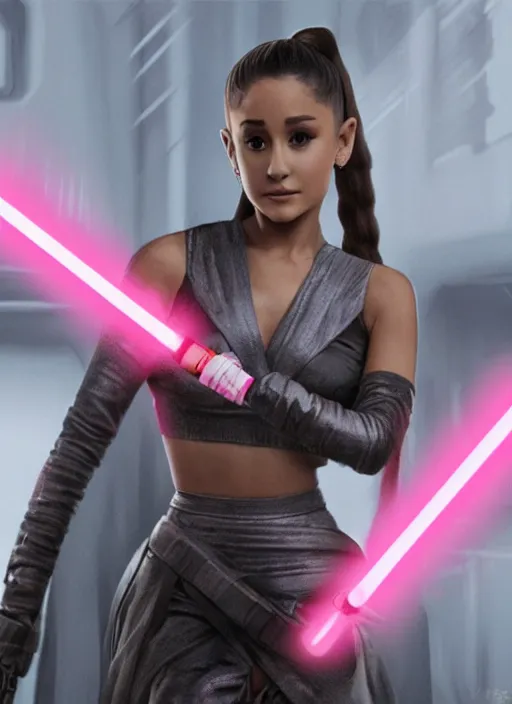 Image similar to An extremely detailed photo of Ariana Grande in the Star Wars universe holding the handles of two pink lightsabers held in each hand. Maximum detail on artstation, photo realism, vivd details, vivd colour, volumetric lighting