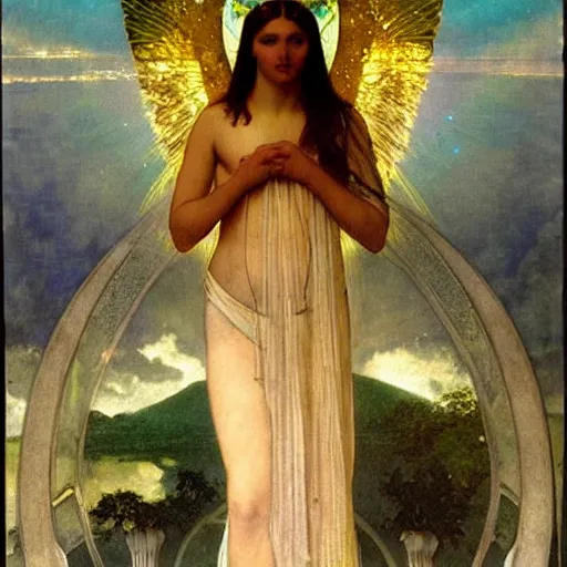 Prompt: The chalice of the angels, refracted sparkles, thunderstorm, greek pool, beach and Tropical vegetation on the background major arcana sky, by paul delaroche, alphonse mucha and arnold böcklin, hyperrealistic 8k, award-winning, very very very detailed