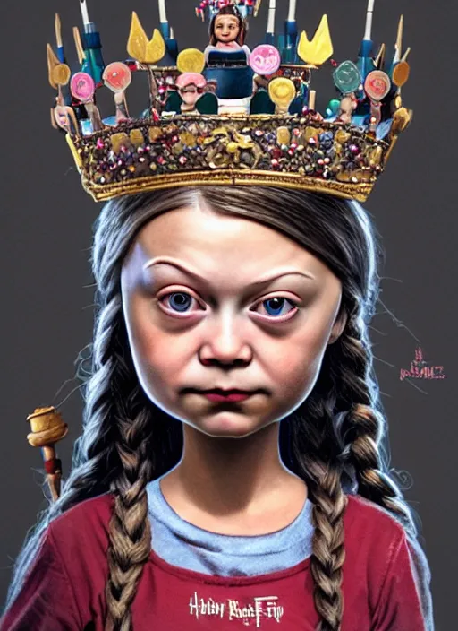 Image similar to highly detailed closeup, face profile portrait of greta thunberg as a tin toy fairytale goth princess wearing a crown eating cakes, bikini, unreal engine, nicoletta ceccoli, mark ryden, earl norem, lostfish, global illumination, detailed and intricate environment