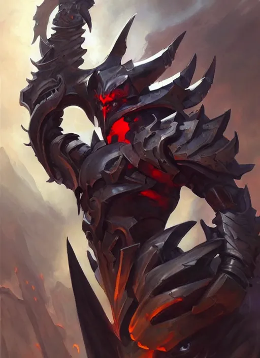 Image similar to Greg Manchess portrait painting of a demonic, devil armored character from league of legends, full shot, asymmetrical, profile picture, Organic Painting, sunny day, Matte Painting, bold shapes, hard edges, street art, cybernetic, metalic, robotic, trending on artstation, by Huang Guangjian and Gil Elvgren and Sachin Teng