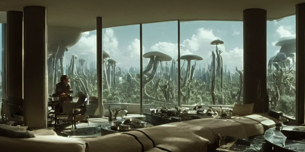 Image similar to a luxury apartment with large windows, 1 9 8 0 s science fiction, windows overlooking a lush arid mushroom jungle landscape, sci - fi film still, screenshot from a science fiction movie, ridley scott,