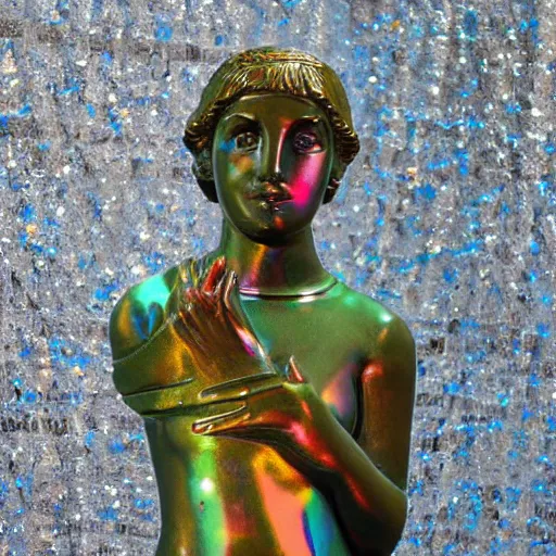 Prompt: A transparent iridescent statue of a woman in a Philipenian city