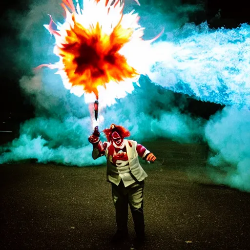 Prompt: photo of a clown using a flamethrower projecting a long flame. award-winning, highly-detailed