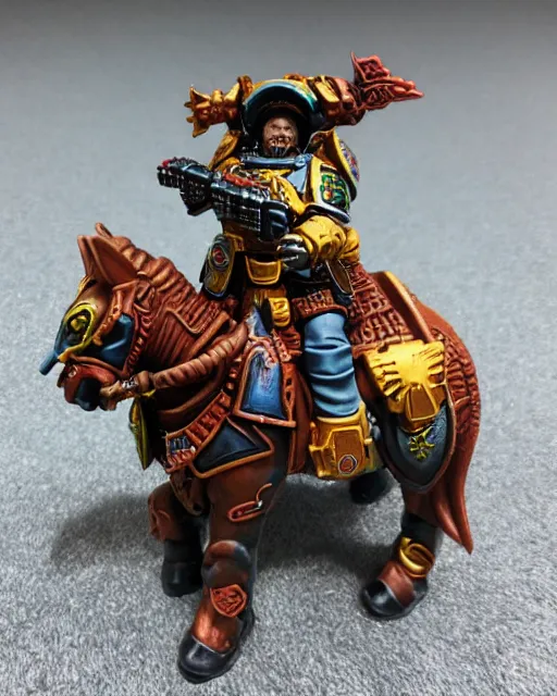 Prompt: 8 0 mm resin detailed miniature of a warhammer 4 0 k space marine cowboy riding an imperium warhorse, wearing space marine cowboy armor, six shooter, rope lasso, product introduction photos, 4 k, full body character resin model,