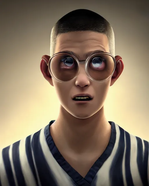 Prompt: An epic fantasy comic book style portrait painting of a charming and friendly young man in a laboratory, very expressive, buzz cut gray hair, round face, wearing a shirt with !horizontal stripes, handling laboratory equipment, character design by Mark Ryden and Pixar and Hayao Miyazaki, unreal 5, DAZ, hyperrealistic, octane render, cosplay, RPG portrait, dynamic lighting, intricate detail, summer vibrancy, cinematic