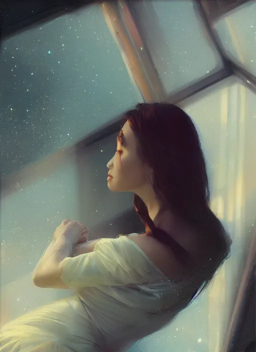 Prompt: beautiful girl sitting on a spaceship window wearing a dress, highly detailed miniskirt, beautiful face model girl, by jeremy lipking, by artgerm, digital art, octane render